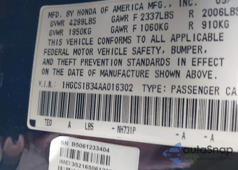 2010 Honda Accord 2.4 Lx-S z USA, uszkodzony, nr VIN 1HGCS1B34AA016302